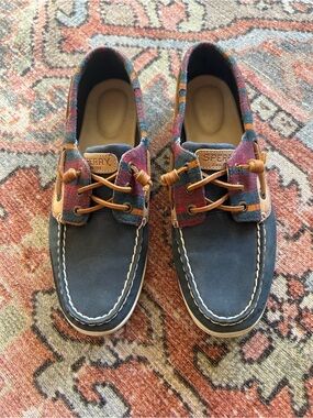 Sperry Navy Blue Canvas & Multicolor Pattern Boat Shoes